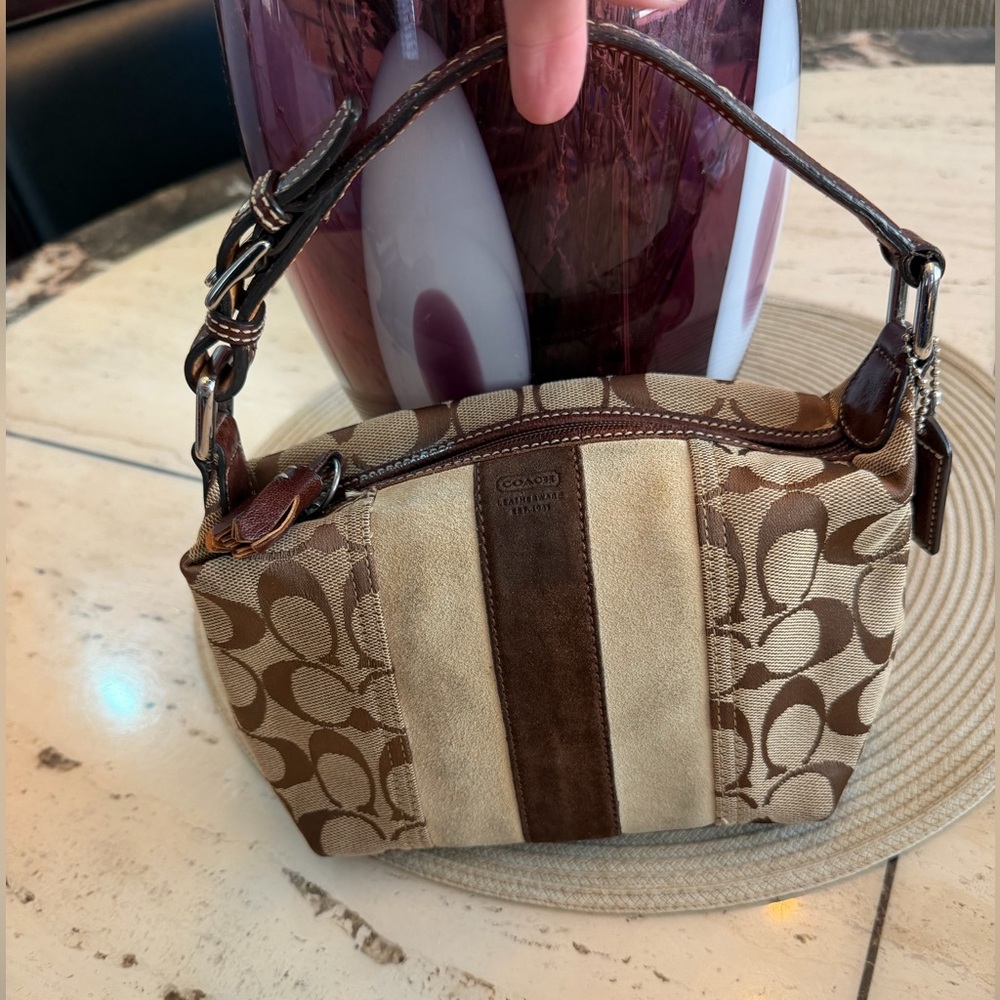 Vintage 2004 Coach Leatherware Tan and Brown Suede Canvas Signature Mini Bag